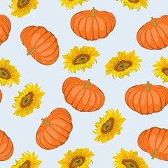 Seamless autumn pattern with  pumpkin and sunflowers daisy flowers.