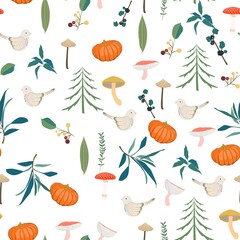 Seamless childish pattern with cute mushrooms in the wood. Creative autumn forest texture for fabric, wrapping, textile, wallpaper, apparel. 