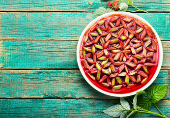 Yummy pie with rhubarb and raspberries,summer pie