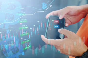 Businessman using smartphone display with hologram graph showing online stock trading business income concept.
