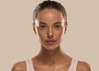 Beautiful woman face healthy skin natural make up close up