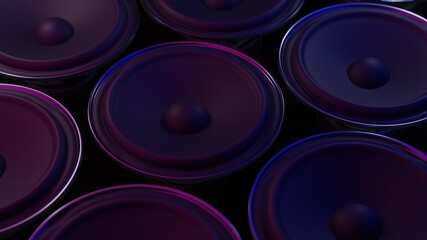 sound speakers in neon light on black background. 3d render.