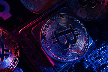closeup bitcoin on CPU socket. concept of virtual crypto currency.	