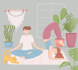 Obraz premium couple in home doing yoga