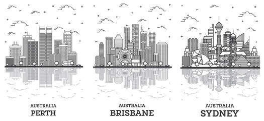 Outline Brisbane, Sydney and Perth Australia City Skyline Set. - obrazy, fototapety, plakaty