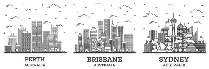 Outline Brisbane, Sydney and Perth Australia City Skyline Set. - obrazy, fototapety, plakaty