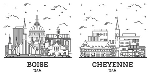 Outline Cheyenne Wyoming and Boise Idaho City Skyline Set.