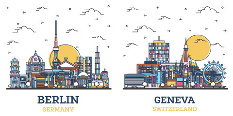 Outline Geneva Switzerland and Berlin Germany City Skyline Set. © BooblGum
