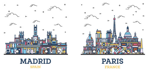 Outline Paris France and Madrid Spain City Skyline Set. - obrazy, fototapety, plakaty