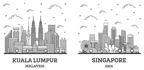 Outline Singapore and Kuala Lumpur Malaysia City Skyline Set. - obrazy, fototapety, plakaty