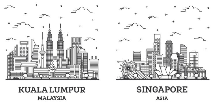 Outline Singapore and Kuala Lumpur Malaysia City Skyline Set.