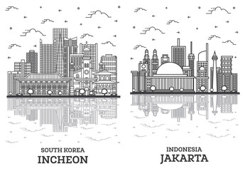 Naklejka premium Outline Jakarta Indonesia and Incheon South Korea City Skyline Set.