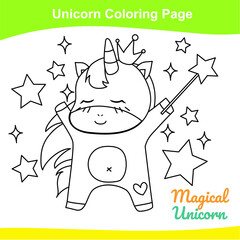Unicorn coloring worksheet page. Coloring sweet unicorn worksheet page. Educational printable coloring worksheet. Additional worksheet for kids. Vector illustration in cartoon style. 