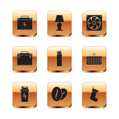 Set Car battery, Fitness shaker, Coffee beans, Lighter, and Computer cooler icon. Vector