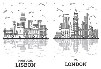 Outline London England UK and Lisbon Portugal City Skyline Set.