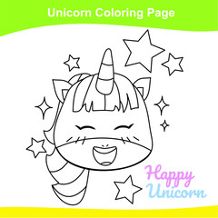 Unicorn coloring worksheet page. Coloring sweet unicorn worksheet page. Educational printable coloring worksheet. Additional worksheet for kids. Vector illustration in cartoon style. 