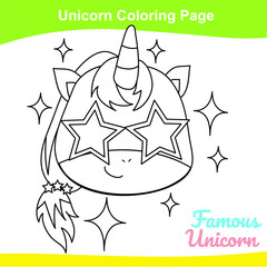 Unicorn coloring worksheet page. Coloring sweet unicorn worksheet page. Educational printable coloring worksheet. Additional worksheet for kids. Vector illustration in cartoon style. 