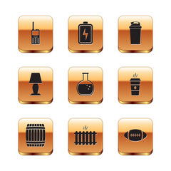 Set Walkie talkie, Wooden barrel, Heating radiator, Test tube and flask, Table lamp and Fitness shaker icon. Vector
