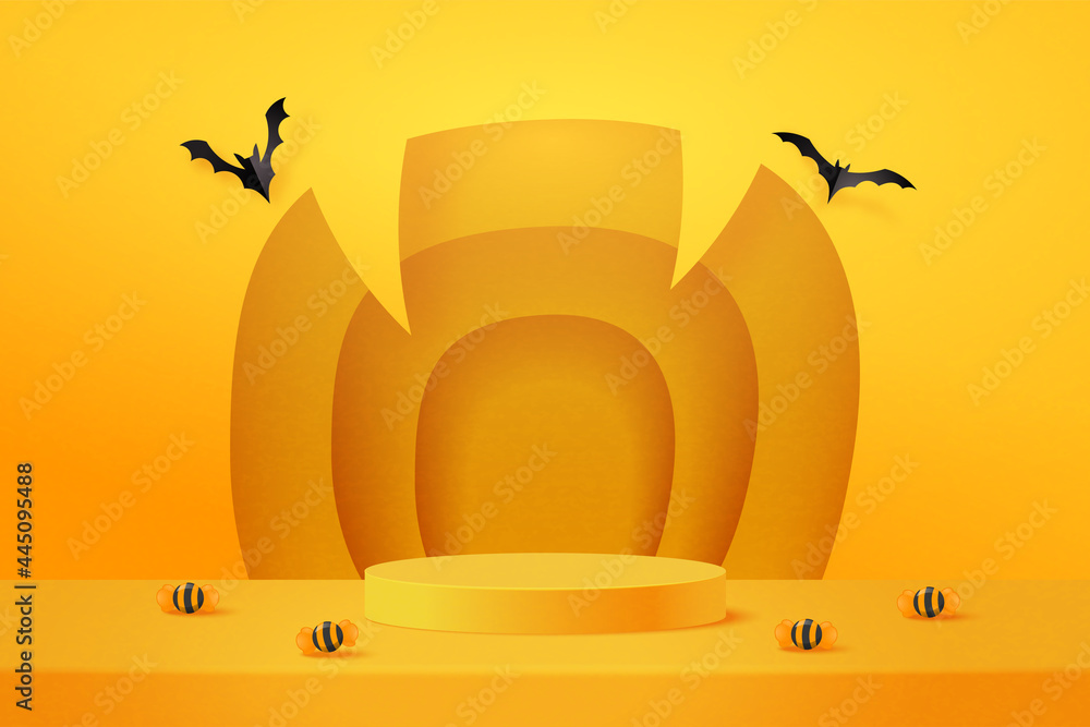 Poster halloween background design with yellow podium product display. 3d paper art abstract minimal geomet