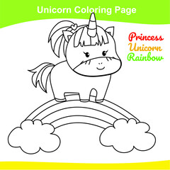 Unicorn coloring worksheet page. Coloring sweet unicorn worksheet page. Educational printable coloring worksheet. Additional worksheet for kids. Vector illustration in cartoon style. 