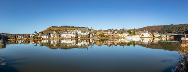 scenic view to Traben Trarbach with river Mosel in foreground