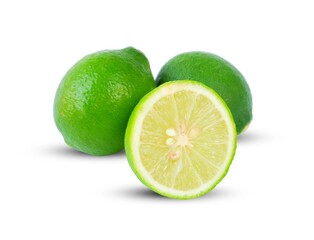 Lime(Citrus × aurantifolia) with slices or slices and leaves, isolated on a white background