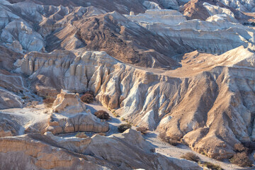 View of the sandy and chalk mountains of the Negev Desert. Erosion.
