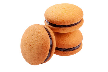 Almond sandwich biscuits with chocolate ganache on white