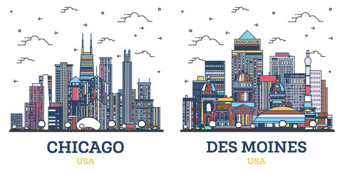 Naklejka premium Outline Des Moines Iowa and Chicago Illinois USA City Skyline Set.