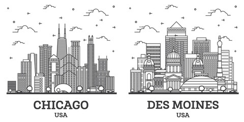 Fototapeta premium Outline Des Moines Iowa and Chicago Illinois USA City Skyline Set.