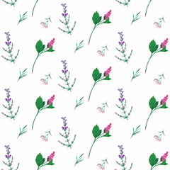 The seamless pattern design. The hand-drawn cute flowers and leaves on white background. repeatable floral background design.