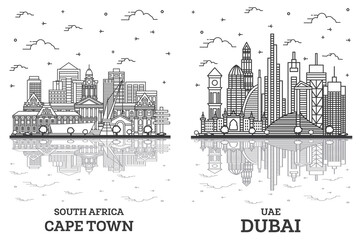 Fototapeta premium Outline Dubai United Arab Emirates (UAE) and Cape Town South Africa City Skyline Set.