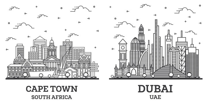 Outline Dubai United Arab Emirates (UAE) and Cape Town South Africa City Skyline Set.