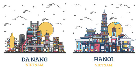 Naklejka premium Outline Hanoi and Da Nang Vietnam City Skyline Set.