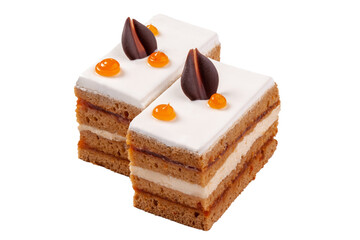 Two slices of cake with jam, cream cheese buttercream and sugar icing