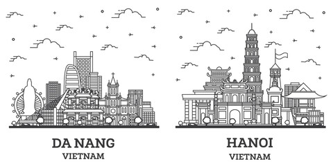 Outline Hanoi and Da Nang Vietnam City Skyline Set.