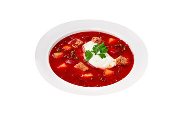 Red borscht with sour cream isolated on white background