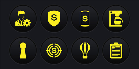Set Keyhole, Coffee machine with pot, Target dollar, Hot air balloon, Smartphone and Shield and icon. Vector