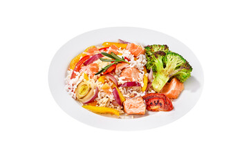 Rice pilaf with salmon and vegetables isolated on white