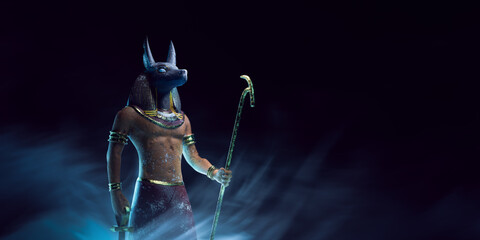 3D rendering, illustration of a stone statue of  Anubis, the Egyptian god of death in a smoky dark background - obrazy, fototapety, plakaty