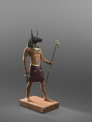 3D rendering, illustration of a stone statue of  Anubis, the Egyptian god of death in a grey background