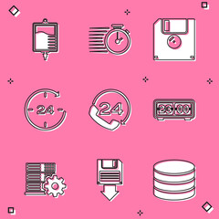 Set IV bag, Stopwatch, Floppy disk, Clock 24 hours, Telephone support and Retro flip clock icon. Vector