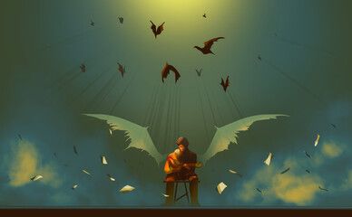 Digital illustration painting design style a man as devil playing guitar, against demons and sheet music papers. 