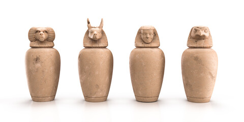 canopic jars from Egypt,. used for mummification and storing organs in a white background. 3D Rendering, illustration. - obrazy, fototapety, plakaty