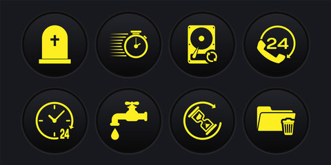 Set Clock 24 hours, Telephone support, Water tap, Waiting, Hard disk drive HDD sync refresh and Stopwatch icon. Vector