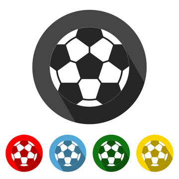 Soccer Ball Flat Style Icon with Long Shadow. Soccer Ball icon vector illustration design element with four color variations. Football with long shadows. All in a single layer. Elements for design.