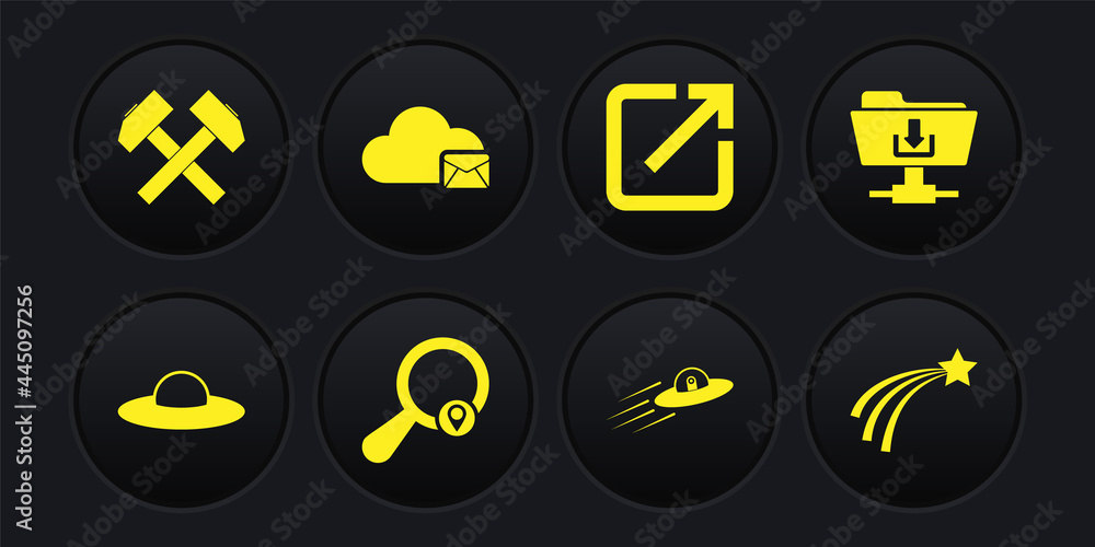 Poster set ufo flying spaceship, ftp folder download, search location, and alien, open new window and cloud