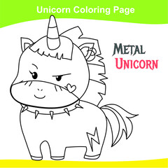 Unicorn coloring worksheet page. Coloring metal head unicorn worksheet page. Educational printable coloring worksheet. Additional worksheet for kids. Vector illustration in cartoon style.