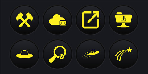 Set UFO flying spaceship, FTP folder download, Search location, and alien, Open new window and Cloud mail server icon. Vector