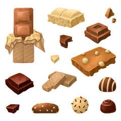 A collection of individual chocolate bars, pieces, candies